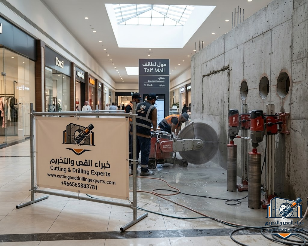 قص وتخريم خرسانة بالطائف باستخدام أحدث معدات القص والكور الماسي لتنفيذ قص الجدران والأسقف وفتح الكور بدقة عالية وسرعة تنفيذ